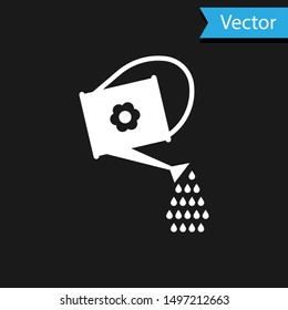 White Watering can icon isolated on black background. Irrigation symbol.  Vector Illustration