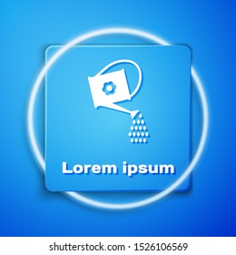 White Watering can icon isolated on blue background. Irrigation symbol. Blue square button. Vector Illustration