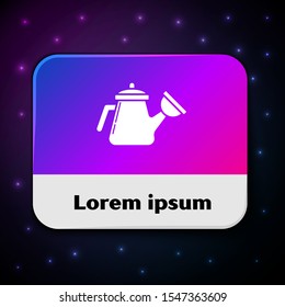 White Watering can icon isolated on black background. Irrigation symbol. Rectangle color button. Vector Illustration
