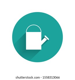 White Watering can icon isolated with long shadow. Irrigation symbol. Green circle button. Vector Illustration