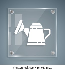 White Watering can icon isolated on grey background. Irrigation symbol. Square glass panels. Vector Illustration