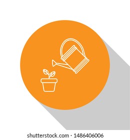 White Watering can sprays water drops above plant in pot icon isolated on white background. Irrigation symbol. Orange circle button. Vector Illustration
