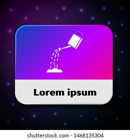 White Watering can with water icon isolated on black background. Watering a sprout. Irrigation symbol. Rectangle color button. Vector Illustration