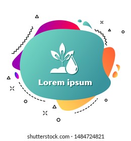 White Watering plant icon isolated on white background. Seed and seedling. Irrigation symbol. Leaf nature. Abstract banner with liquid shapes. Vector Illustration