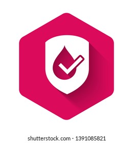 White Waterproof icon isolated with long shadow. Water resistant or liquid protection concept. Pink hexagon button. Vector Illustration