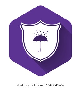 White Waterproof icon isolated with long shadow. Shield and umbrella. Protection, safety, security concept. Water resistant symbol. Purple hexagon button. Vector Illustration