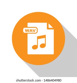 White WAV file document. Download wav button icon isolated on white background. WAV waveform audio file format for digital audio riff files. Orange circle button. Vector Illustration