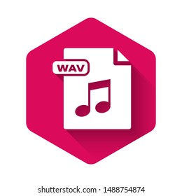 White WAV file document. Download wav button icon isolated with long shadow. WAV waveform audio file format for digital audio riff files. Pink hexagon button. Vector Illustration