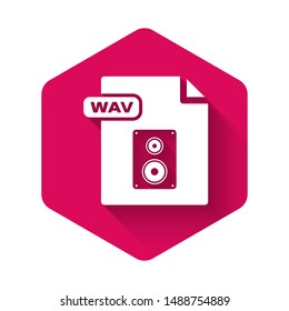 White WAV file document. Download wav button icon isolated with long shadow. WAV waveform audio file format for digital audio riff files. Pink hexagon button. Vector Illustration