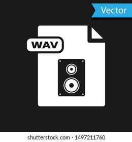 White WAV file document. Download wav button icon isolated on black background. WAV waveform audio file format for digital audio riff files.  Vector Illustration