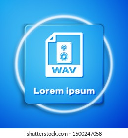 White WAV file document. Download wav button icon isolated on blue background. WAV waveform audio file format for digital audio riff files. Blue square button. Vector Illustration