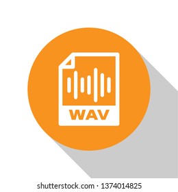 White WAV file document icon. Download wav button icon isolated on white background. WAV waveform audio file format for digital audio riff files. Orange circle button. Vector Illustration