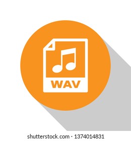 White WAV file document icon. Download wav button icon isolated on white background. WAV waveform audio file format for digital audio riff files. Orange circle button. Vector Illustration