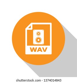 White WAV file document icon. Download wav button icon isolated on white background. WAV waveform audio file format for digital audio riff files. Orange circle button. Vector Illustration