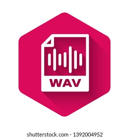 White WAV file document icon. Download wav button icon isolated with long shadow. WAV waveform audio file format for digital audio riff files. Pink hexagon button. Vector Illustration