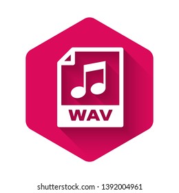 White WAV file document icon. Download wav button icon isolated with long shadow. WAV waveform audio file format for digital audio riff files. Pink hexagon button. Vector Illustration
