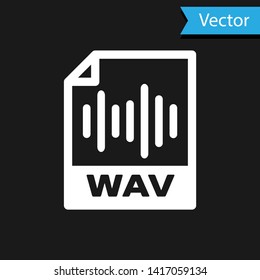White WAV file document icon. Download wav button icon isolated on black background. WAV waveform audio file format for digital audio riff files. Vector Illustration