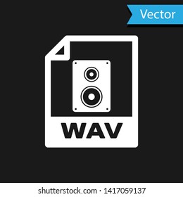 White WAV file document icon. Download wav button icon isolated on black background. WAV waveform audio file format for digital audio riff files. Vector Illustration