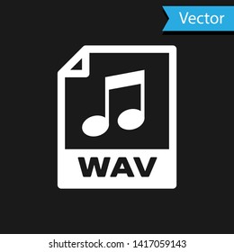 White WAV file document icon. Download wav button icon isolated on black background. WAV waveform audio file format for digital audio riff files. Vector Illustration