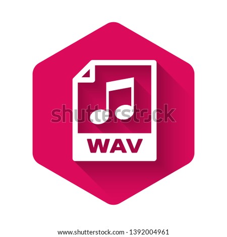 White WAV file document icon. Download wav button icon isolated with long shadow. WAV waveform audio file format for digital audio riff files. Pink hexagon button. Vector Illustration
