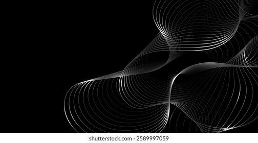 White Wave Lines On Black Background With Copy Space. Technology Banner. Vector Illustration. Abstract Business Wallpaper