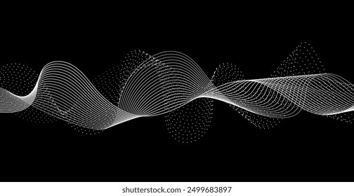 White Wave Lines And Particle Pattern On Black Background. Vector Illustration