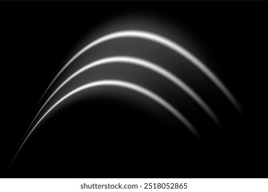 Rayas de neón de onda blanca o arco de destello de luz. Rayos láser, rayos Horizontales. Hermosos reflejos de luz. Rayas brillantes sobre un fondo negro.