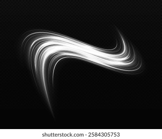 White wave with silver glitter effect on black background. Curved metal wave, 3d element. Shiny silver wave design element.