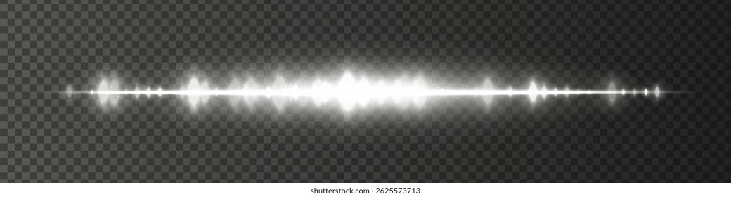 White waveform with moderate glow and sharp amplitude peaks on dark transparent background. Great for sound recording apps, music editing interfaces, or streaming visuals.