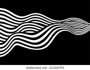 Olas blancas sobre un fondo negro de líneas curvas. Fondo vectorial rayado moderno