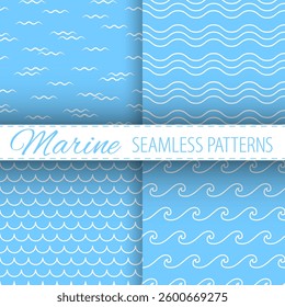 White waves on blue background. Simple vector seamless patterns collection.