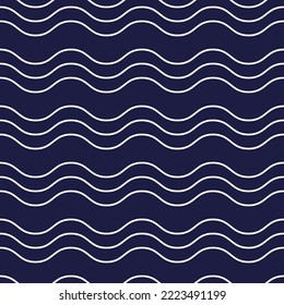 White waves on dark blue background. Vector seamless pattern. Minimal geometric marine ornament.