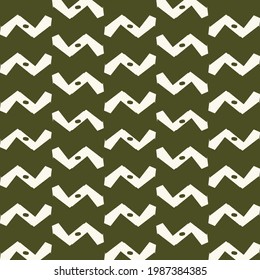 White waves or zigzag fragments on a khaki green background. Abstract chevron pattern.