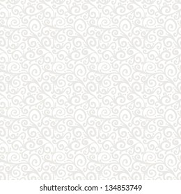 White waving curls similar to winter frosty window look on silver grey, seamless vector pattern. Texture for web, print, wrapping paper, wallpaper, wedding invitation background, winter holiday decor