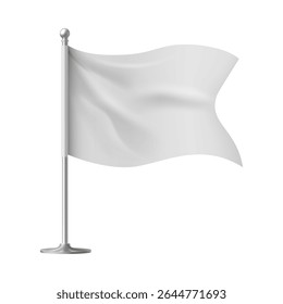 White waving flag with forked edge template. Empty blank of fabric horizontal canvas for promotion design. Vector 3d mockup. Realistic textile banner, pennants hanging on stand. Flag on flagpole