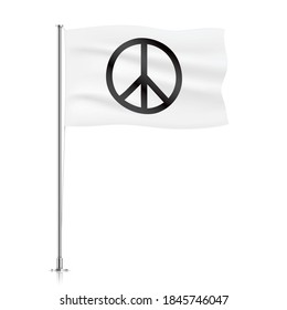 White waving flag with a peace symbol. Pacifist vector flag template. Decoration element for antiwar design. Horizontal flag hanging on a metallic pillar, isolated on a white background.