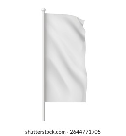 White waving flag template. Clean fabric vertical canvas for promotion design. Empty blank of flag on flagpole. Vector 3d mockup. Realistic textile advertising banner, pennants hanging on stick