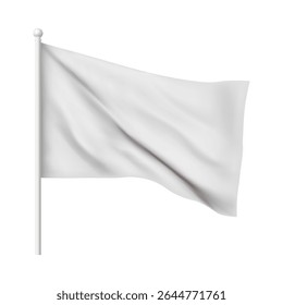 White waving flag template. Clean fabric horizontal canvas for promotion design. Empty blank of flag on flagpole. Vector 3d mockup. Realistic textile advertising banner, pennants hanging on stick