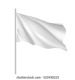 White waving flag template. Clean horizontal canvas, for your design. Empty blank of flag on flagpole. Vector 3d mockup.