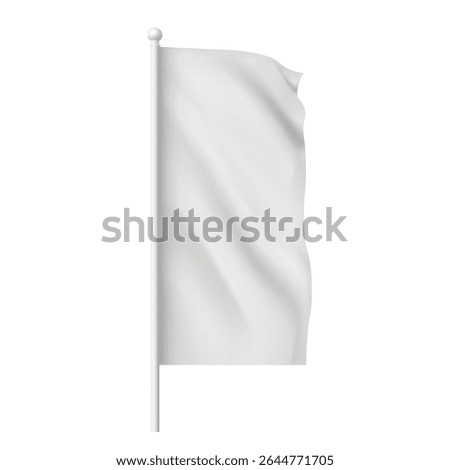 White waving flag template. Clean fabric vertical canvas for promotion design. Empty blank of flag on flagpole. Vector 3d mockup. Realistic textile advertising banner, pennants hanging on stick