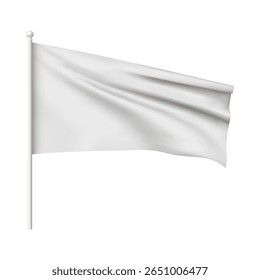 White waving flag template. Empty blank of flag on flagpole. Vector 3d mockup. Clean fabric horizontal canvas for promotion design. Realistic textile advertising banner, pennants hanging on stick