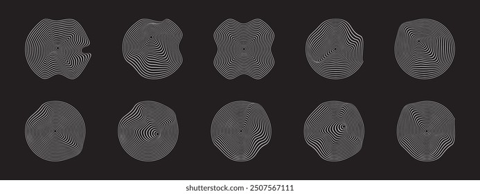 White wavy concentric circles on black background. Pulse, sound or ripple icons. Cyberpunk soundwave signs. Dynamic, motion or flow symbols. Trendy futuristic shapes. Vector graphic illustration.