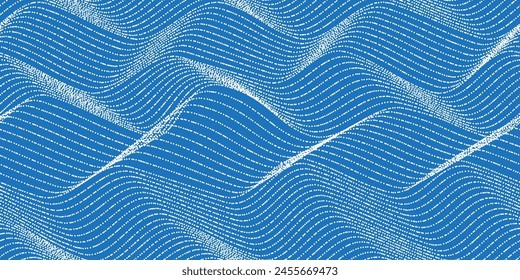 White wavy half tone lines on blue sea background. Seamless pattern with raster dot texture. Computer game with flat 8-bit background. Vector illustration in retro style.