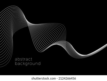White wavy line black background abstract vector. 3D dynamic wave shape curve, light soft smooth art flow pattern. Modern beautiful graphic backdrop illustration for banner, card, cover, wallpaper.