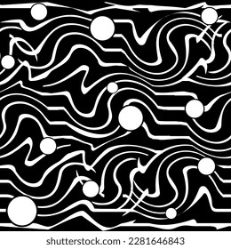 White wavy line and circle on black seamless pattern. Fashion graphic background design. Modern stylish abstract texture. Design template for prints, textiles, wallpaper, website. Vector illustration
