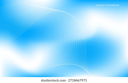 Líneas onduladas blancas que fluyen sobre un fondo de malla degradada azul y blanco, líneas paralelas dinámicas modernas.