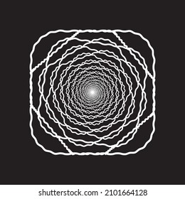 White wavy lines spirograph tunnel or circle swirl logo on black background. Vector illustration.