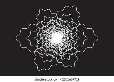 White wavy lines spirograph tunnel or flower spiral logo on black background. Vector illustration.