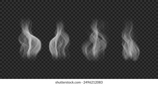 White wavy smoke over food, hot drinks, cigarettes. Set of realistic icons of steam on water, tea, coffee