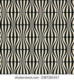 Weiße, gewölbte Elemente auf schwarzem Hintergrund. Abstrakte geometrische Wellen. Modernes, elegantes Design. Nahtloses sich wiederholendes Muster. Vektorgrafik.